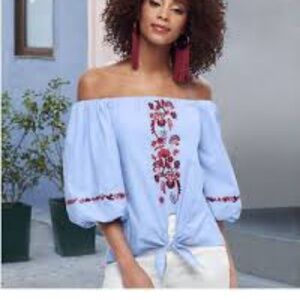 NEW! BEACH LUNCH LOUNGE Off Shoulder Floral Embroidered Blouse Top XS.